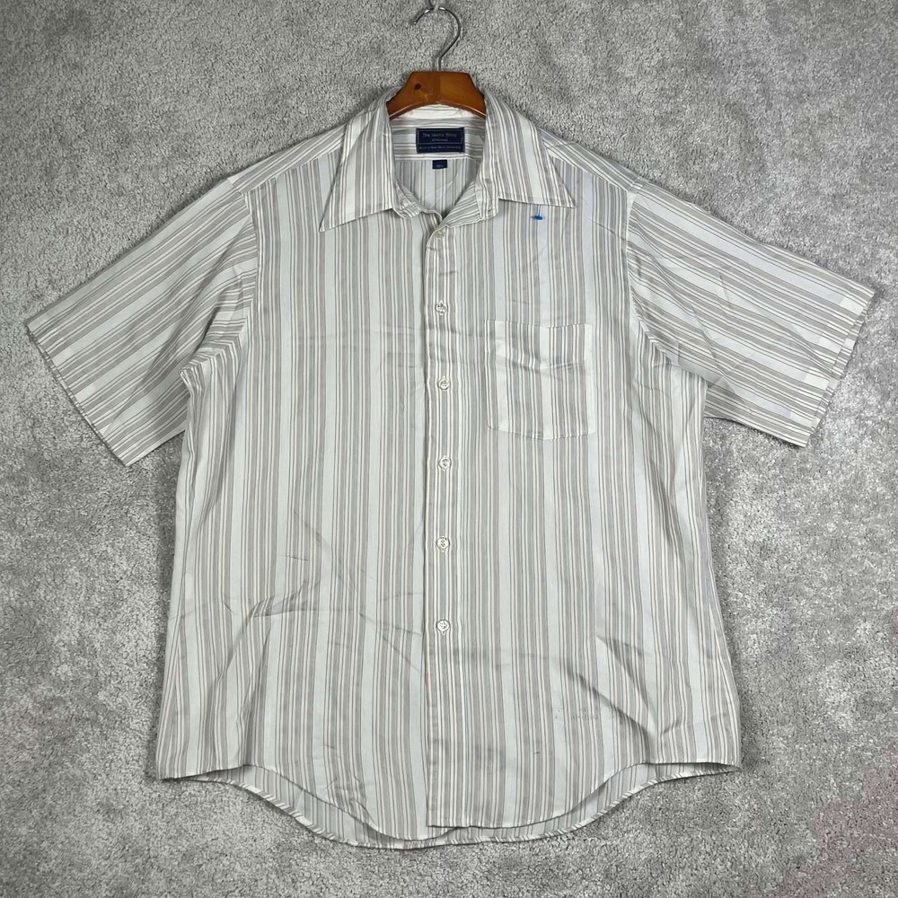 VTG 70s JCPenney The Men's Shop Striped Short Sleeve Button Up Shirt White 16.5